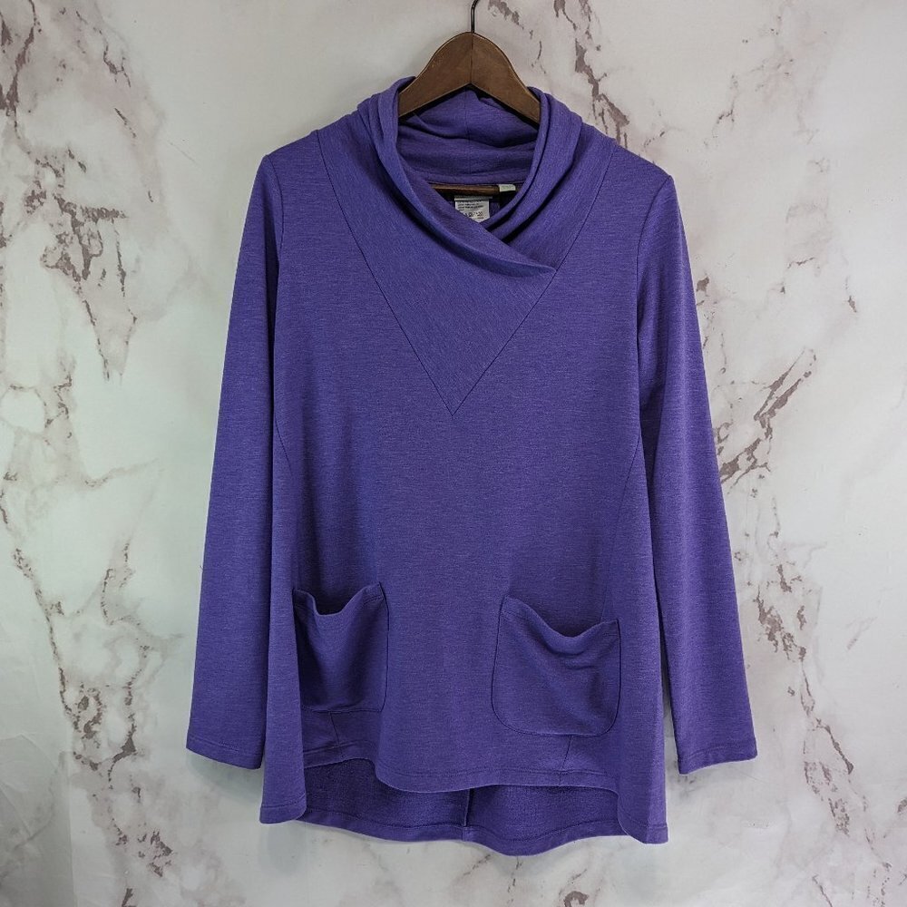 Logo by Lori Goldstein Shirt Womens XXS Purple Cowl Tunic Pockets Lounge
